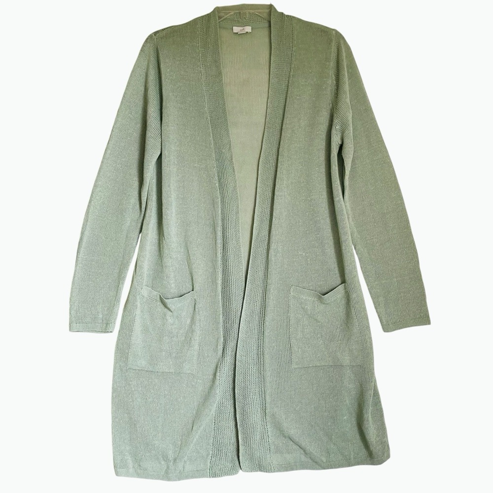 J. Jill Linen Cotton Cardigan Size M Pastel Green Open Front Duster Coastal